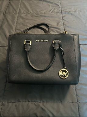 Michael Kors Black Saffiano Leather Satchel with Gold MK Charm